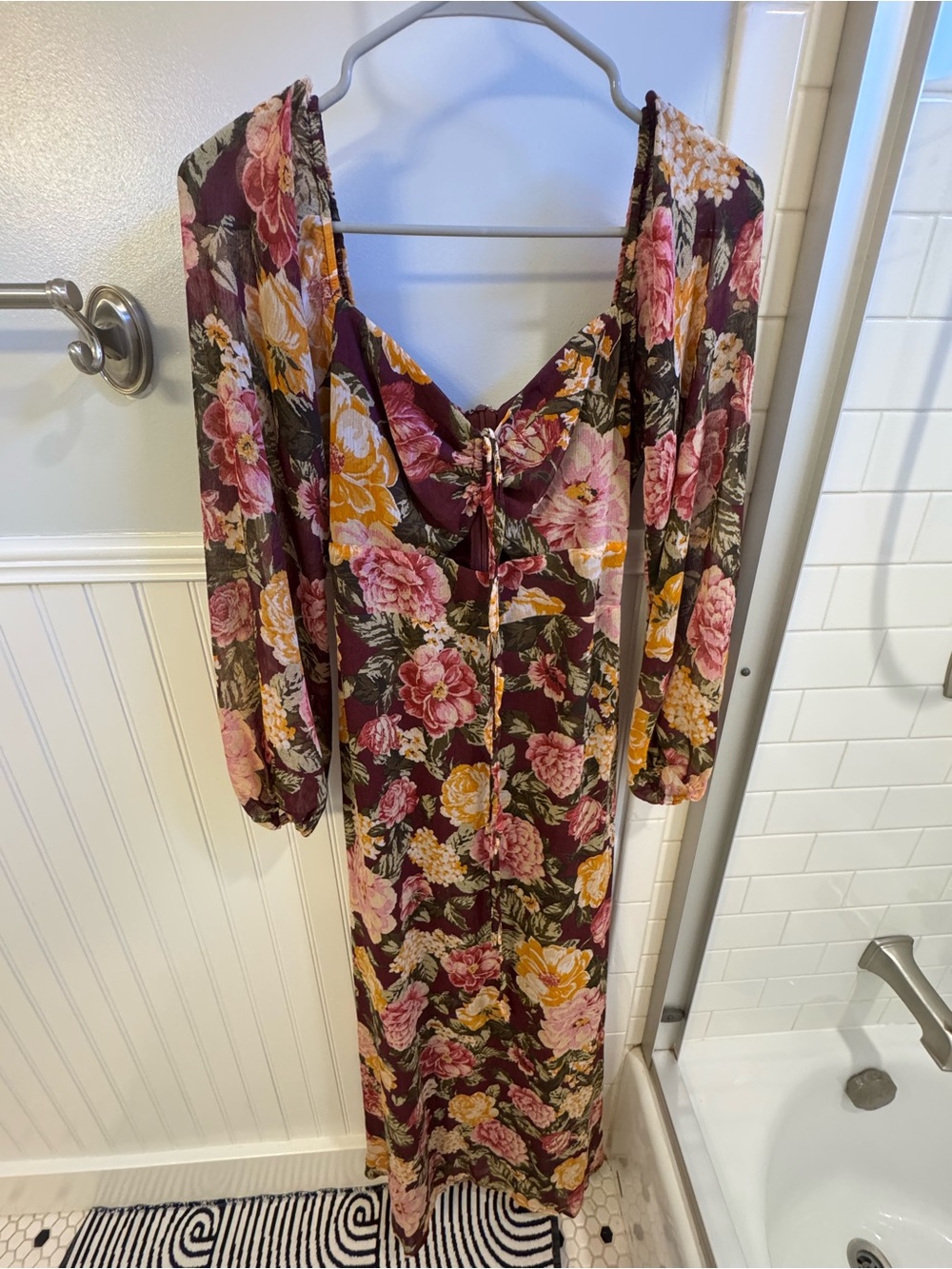 Floral Maroon Maxi Dress with Mustard and Pink Blooms - Picture 8 of 8